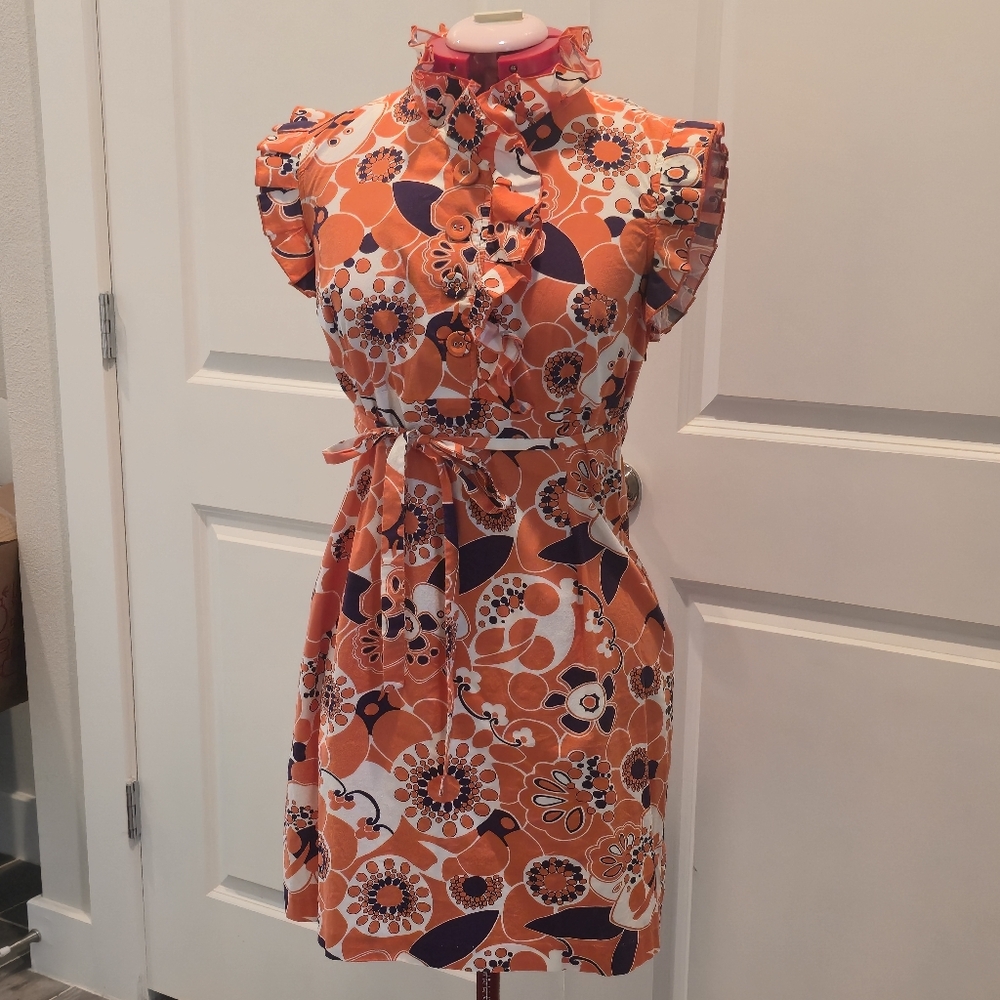 Hippie 1970s Retro Floral Orange and Purple Print Dress